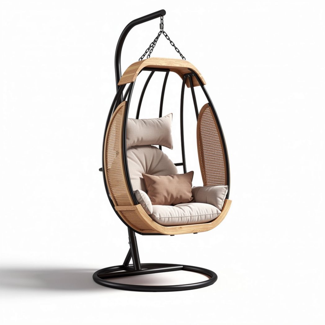 Fauteuil suspendu en métal et en rotin avec coussins 80 x 70 x 120cm beige