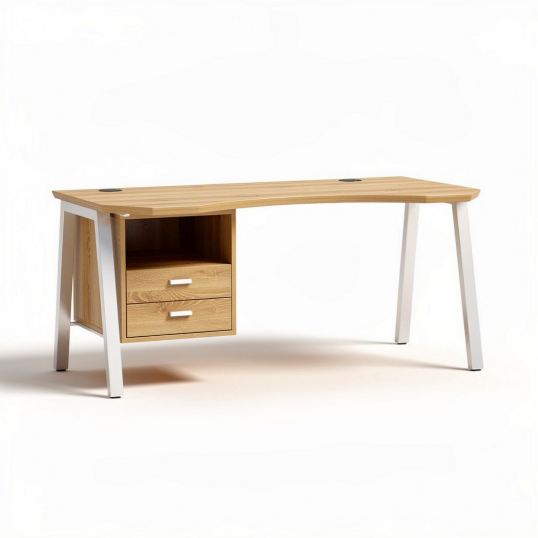 Bureau en bois naturel de 140 x 60 x 75cm avec rangement intégré blanc