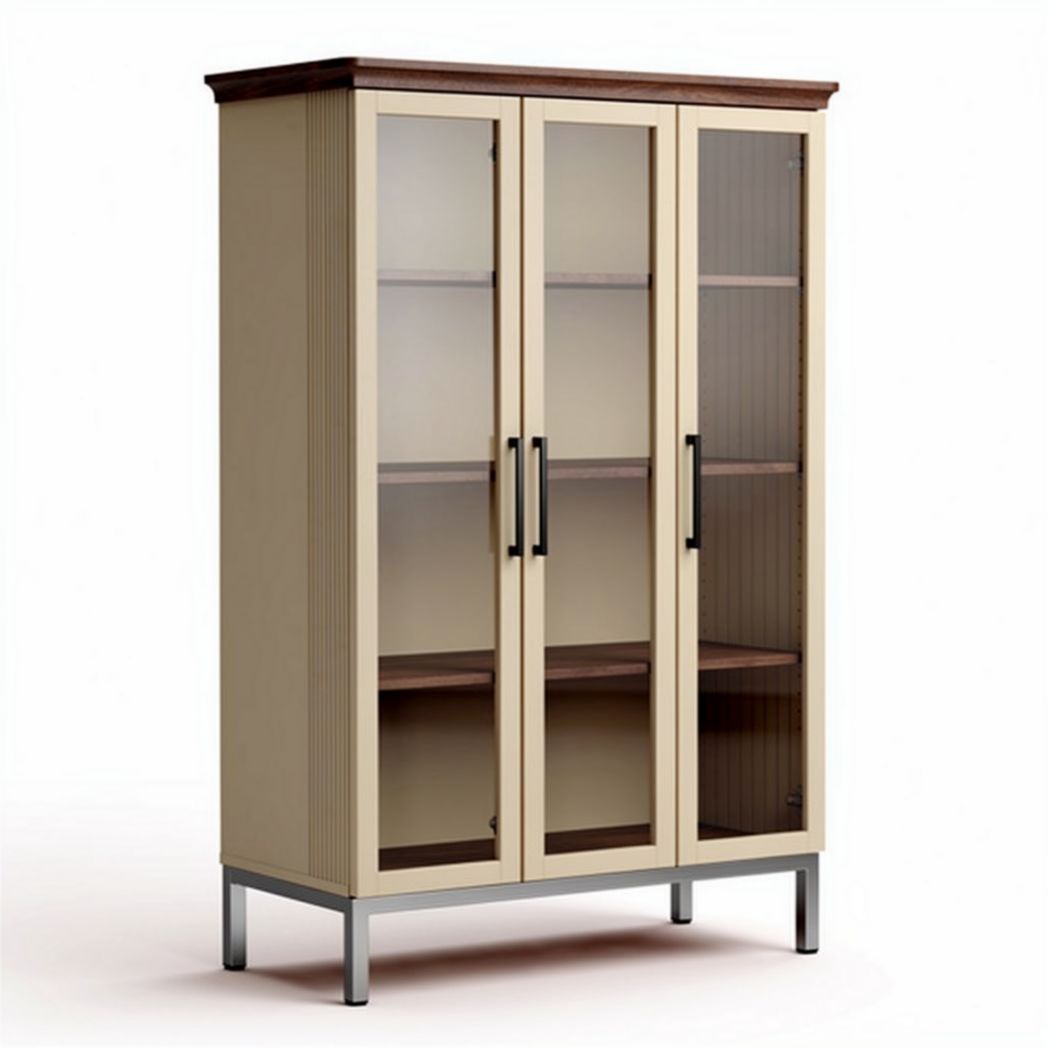 Cabinet en bois avec portes vitrées 180 x 90 x 40cm couleur beige et marron