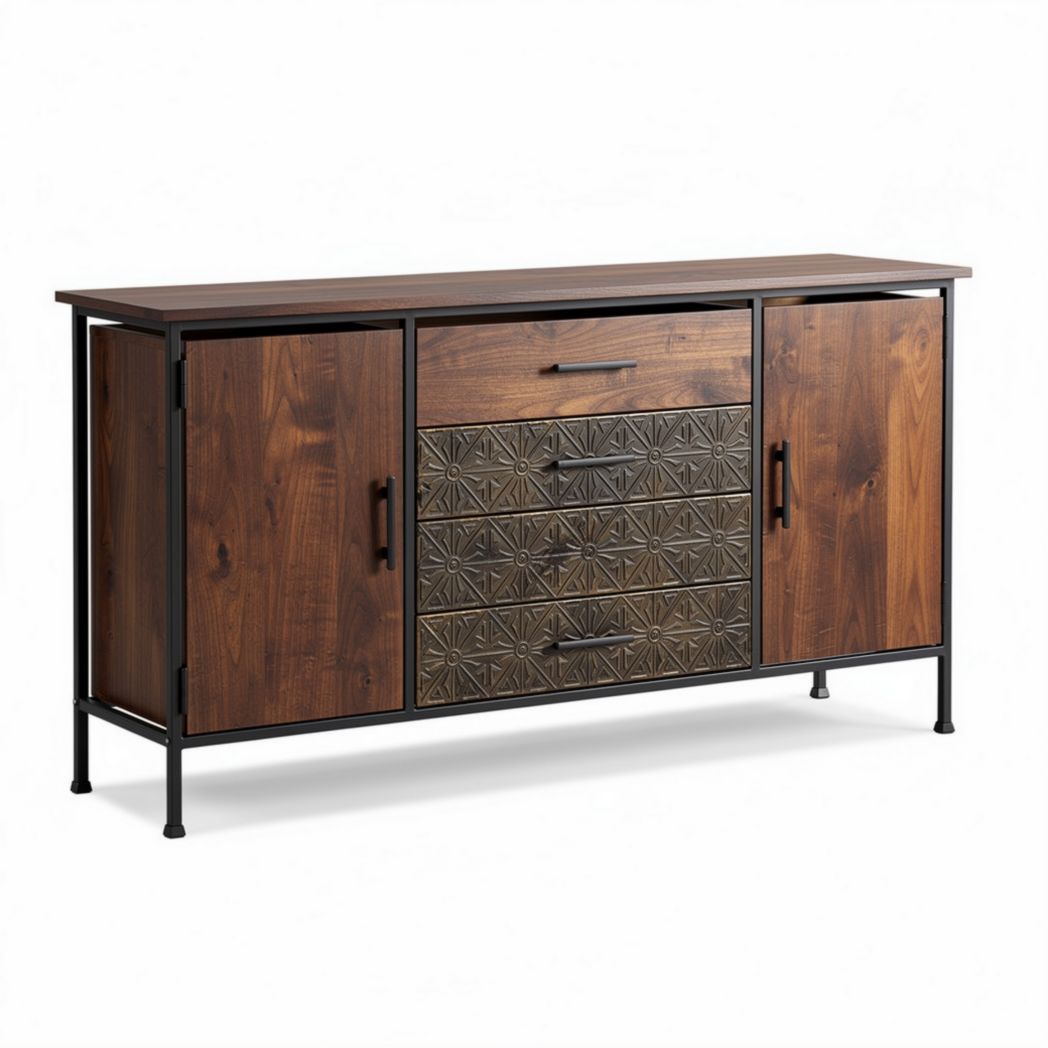 Buffet en bois et métal avec reliefs dimensions 150 x 40 x 80 cm