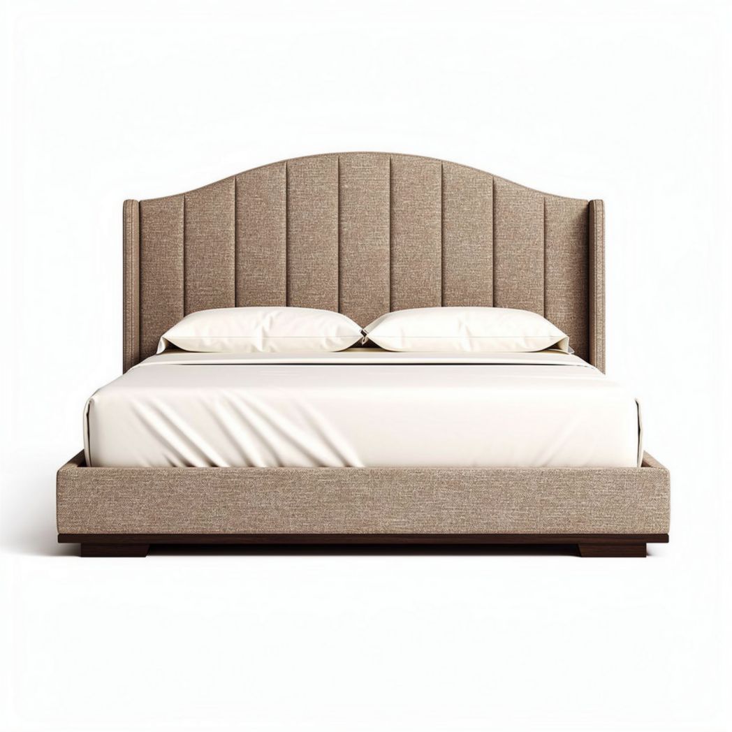 Lit en tissu beige avec tête de lit arrondie 200 x 160 x 100cm