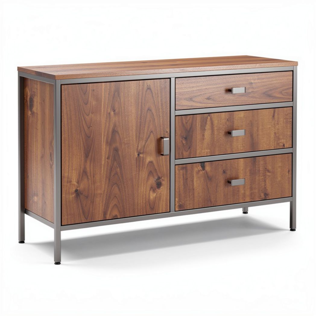 Meuble de rangement en bois et métal 150 x 45 x 75cm avec tiroirs et portes