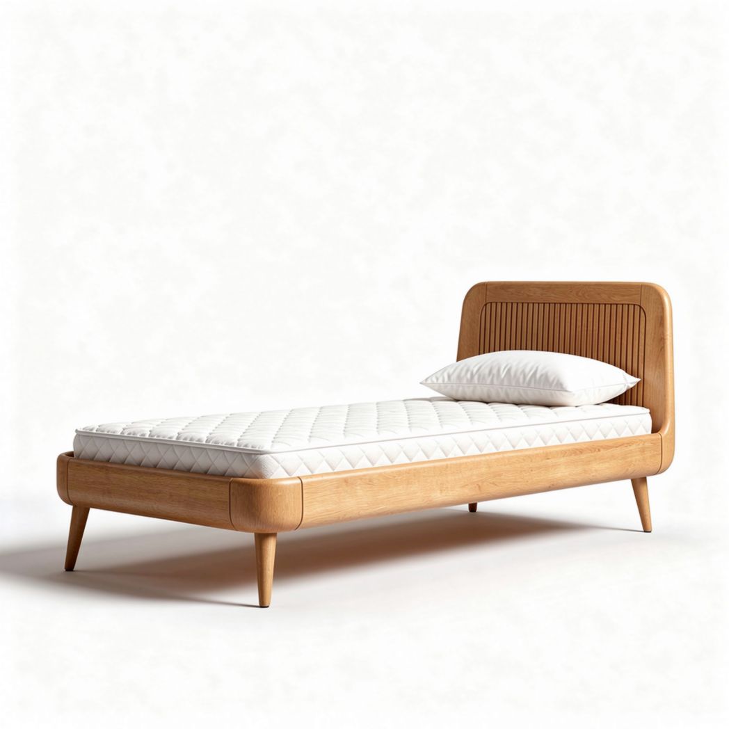 Lit en bois naturel 195 x 90 cm avec matelas et tête de lit rembourrée