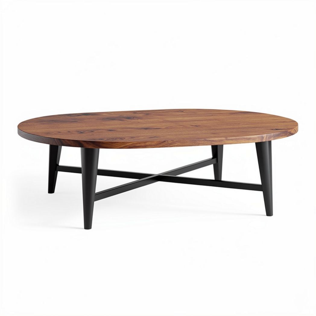 Table basse ovale en bois naturel avec pieds en métal noir 150 x 80 x 45cm